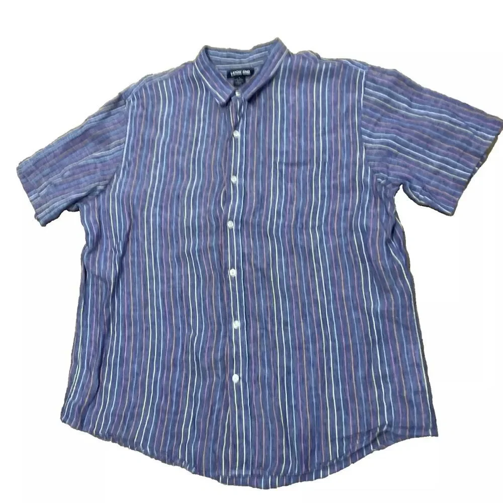 LANDS' END Linen Button Shirt Men L Traditional Fit Blue Vertical Stripe Rainbow